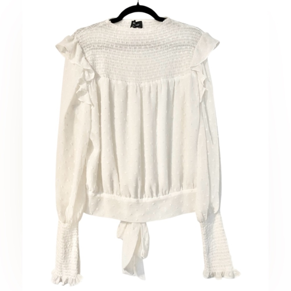 White Bardot Long Sleeve Blouse With a Bow at Back